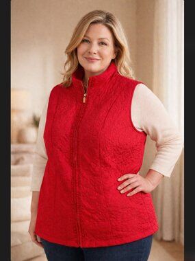 Charter Club Quilted Vest 3X Red Floral Zip Mock Neck Holiday Rosette Layering